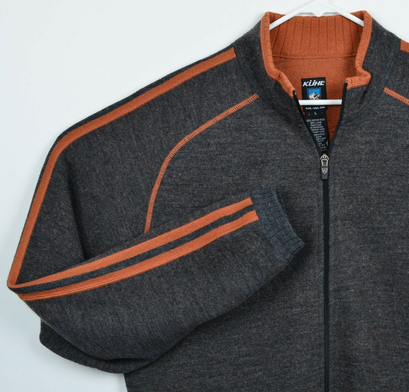 Kuhl Men’s Large 100% Merino Wool Gray Orange Stripe Full Zip Sweater Jacket