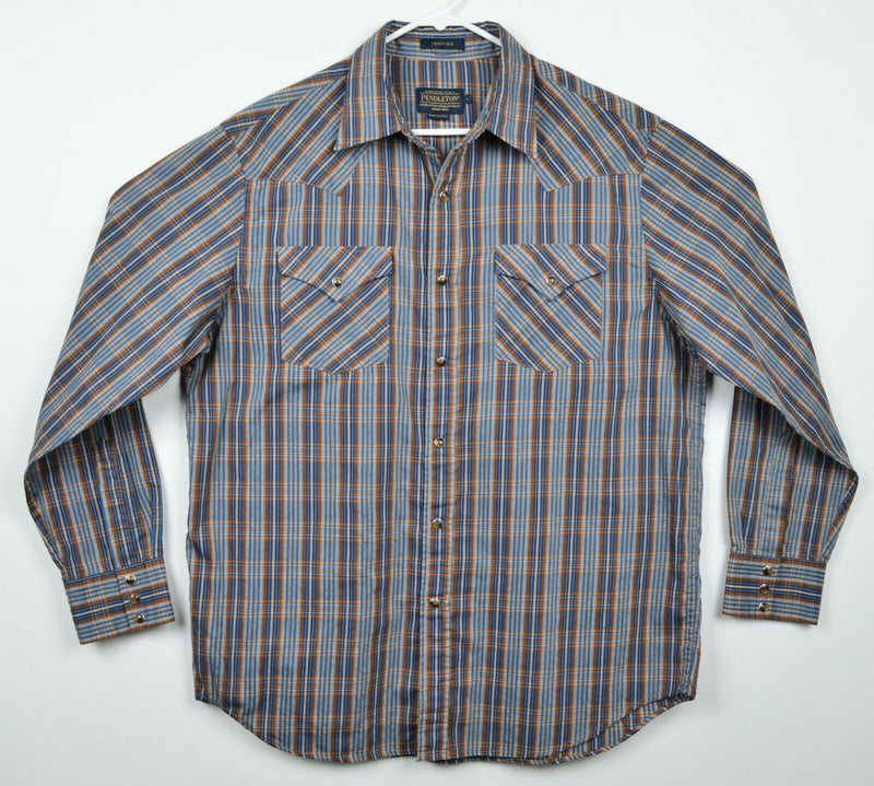 Pendleton Men's Sz Large Frontier Pearl Snap Blue Brown Plaid Western Shirt