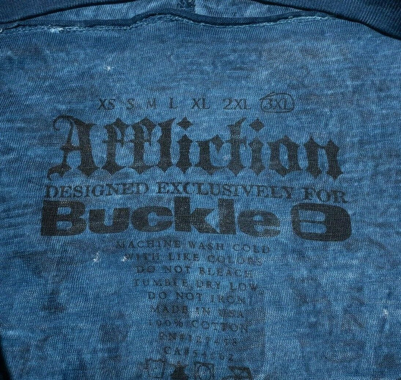 Affliction T-Shirt 3XL Men's Eagle Skull Tribal Distressed Blue Buckle Henley
