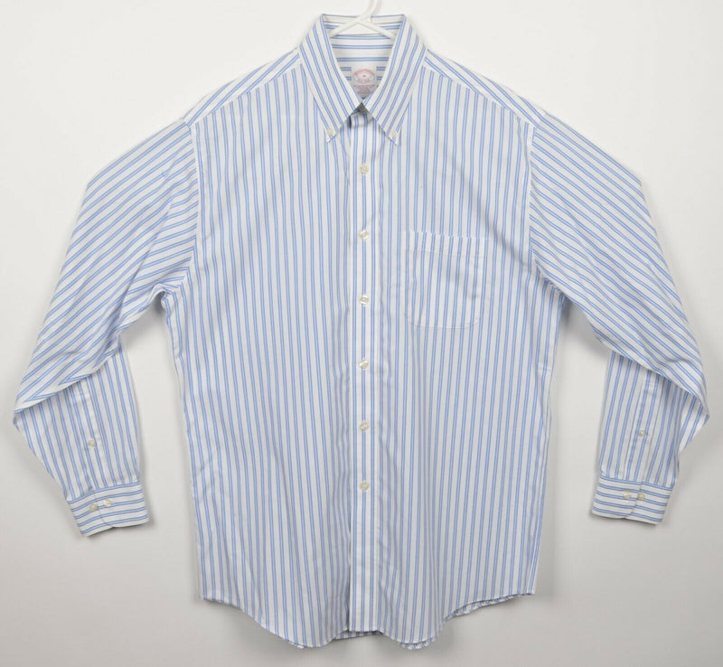 Brooks Brothers Men's Medium Non-Iron Blue White Stripe Button-Down Dress Shirt