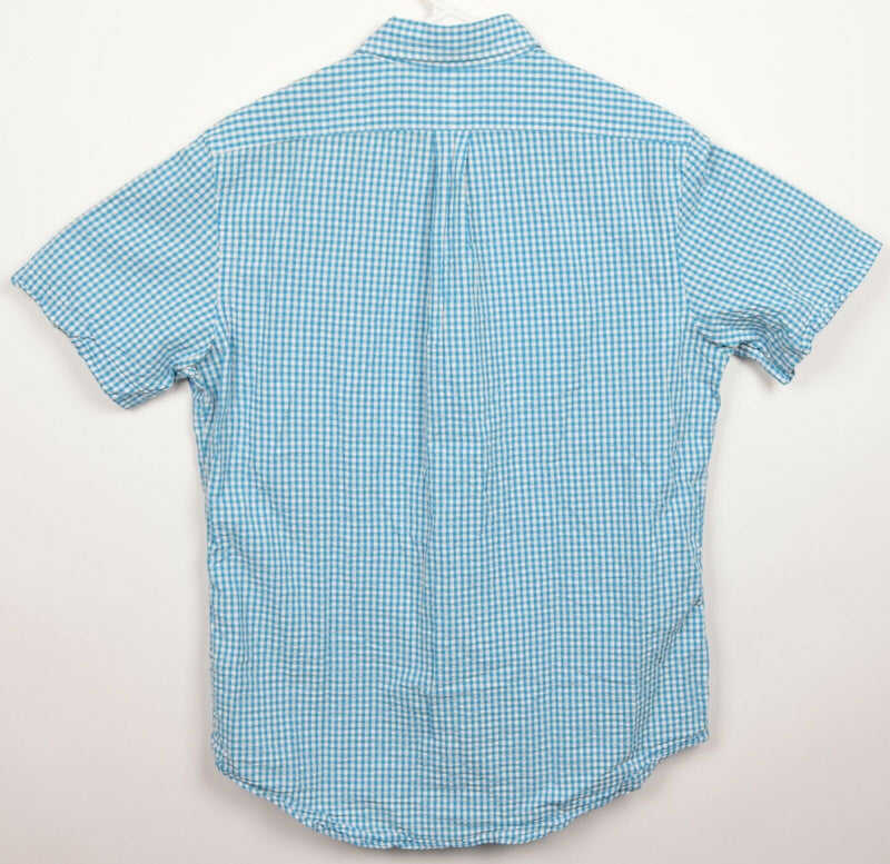 Polo Ralph Lauren Men's Medium Seersucker Aqua Blue Gingham Short Sleeve Shirt