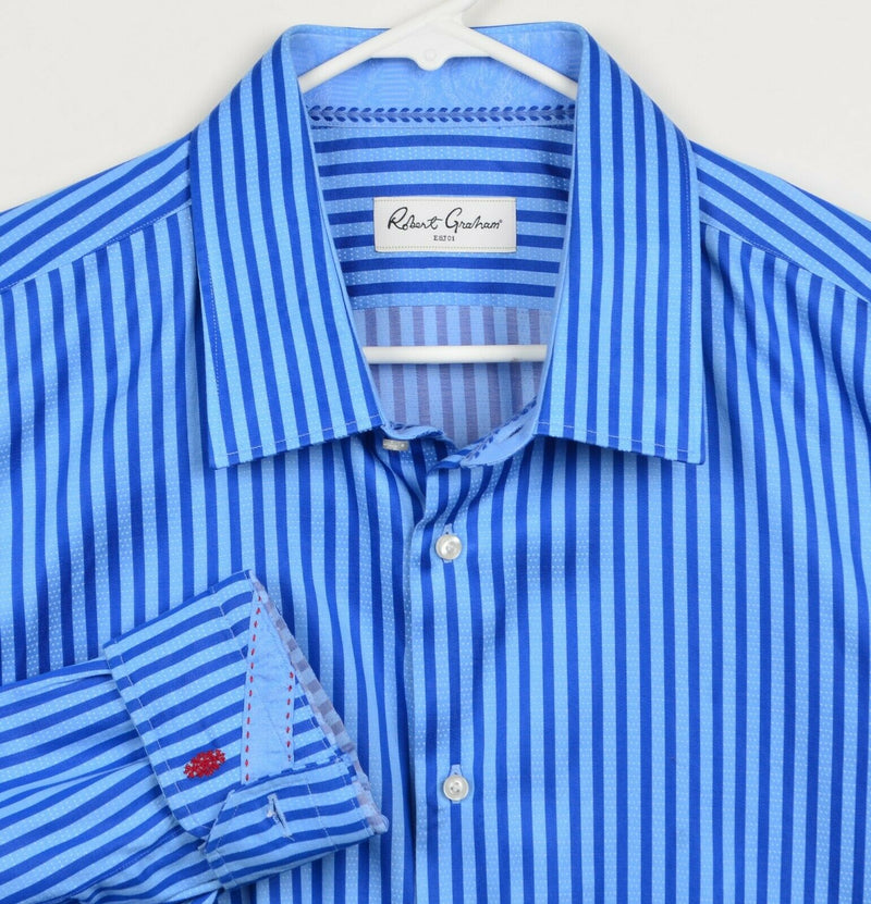 Robert Graham Men's Sz 47/18.5 34/35 BIG Blue Striped Long Sleeve Dress Shirt