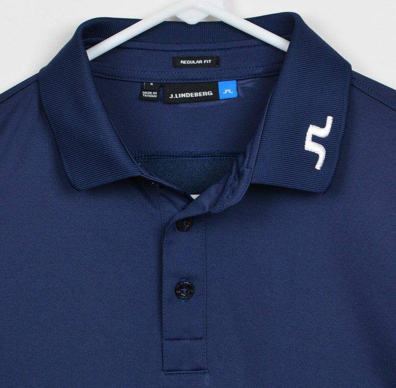 J. Lindeberg Men Sz Small Regular Fit Logo Collar Navy Blue Golf TX Jersey Shirt