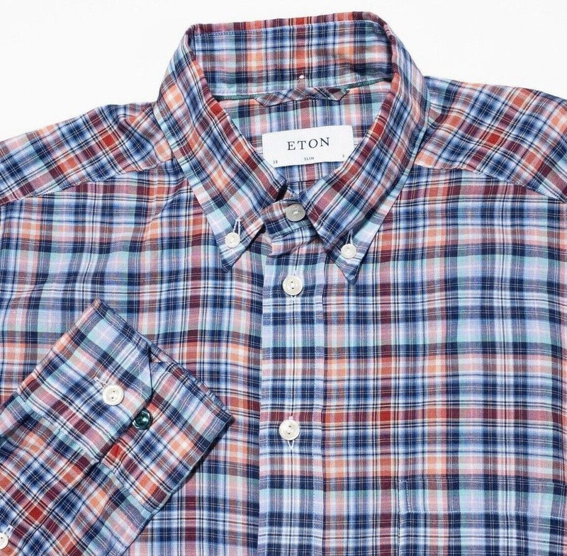 Eton Shirt 15/38 Small Slim Fit Men's Blue Orange Plaid Long Sleeve Button-Down