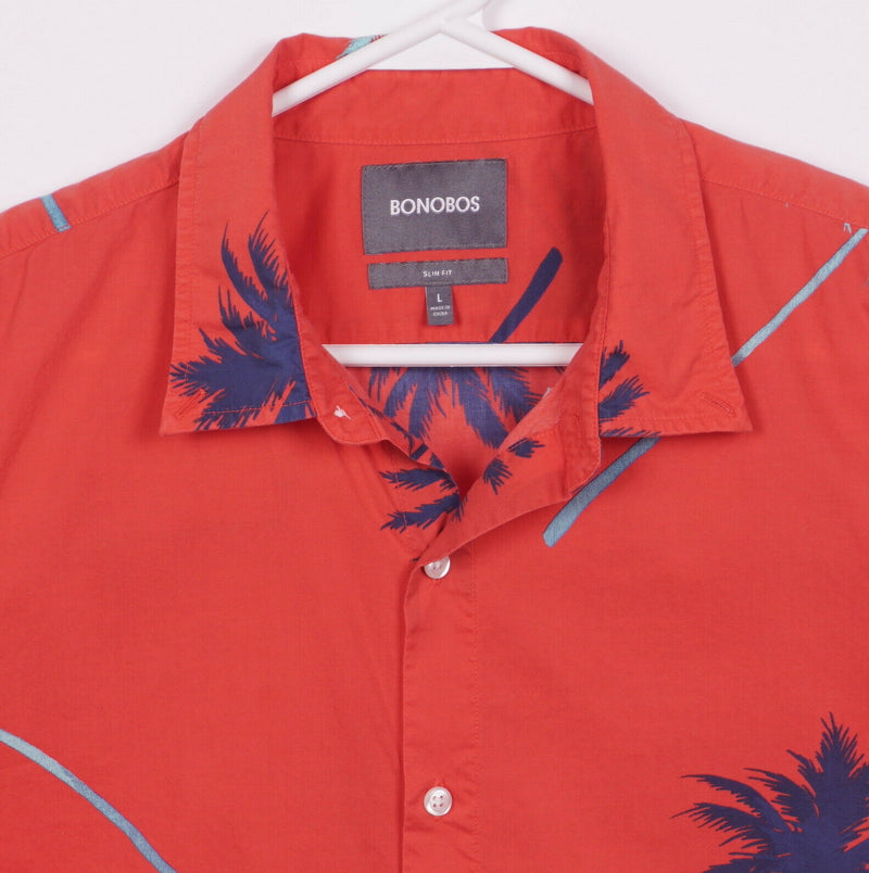 Bonobos Men's Large Slim Fit Floral Palm Tree Red Short Sleeve Button-Down Shirt