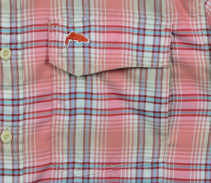 Simms Fishing Men's Medium Coral Pink Plaid Polyester Nylon Button-Down Shirt