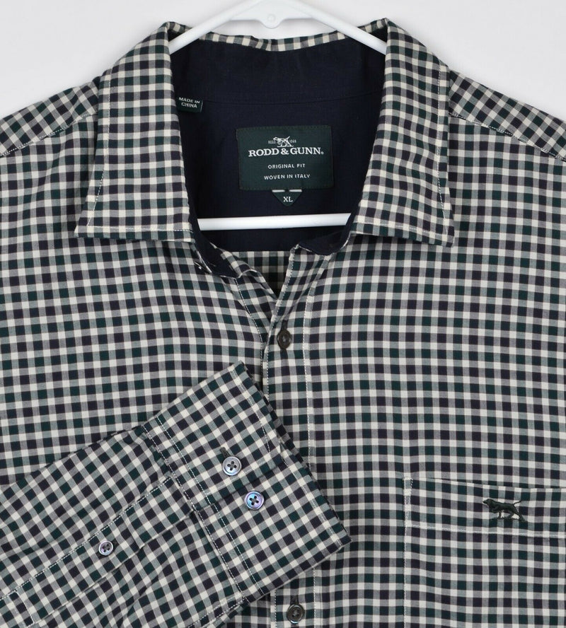 Rodd & Gunn Men's Sz XL Green Black Micro-Check Plaid Logo Long Sleeve Shirt