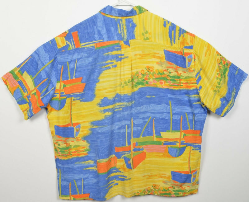 Jam's World Men XL Low Tide Sailboats Watercolor Crinkle Rayon Hawaiian Shirt