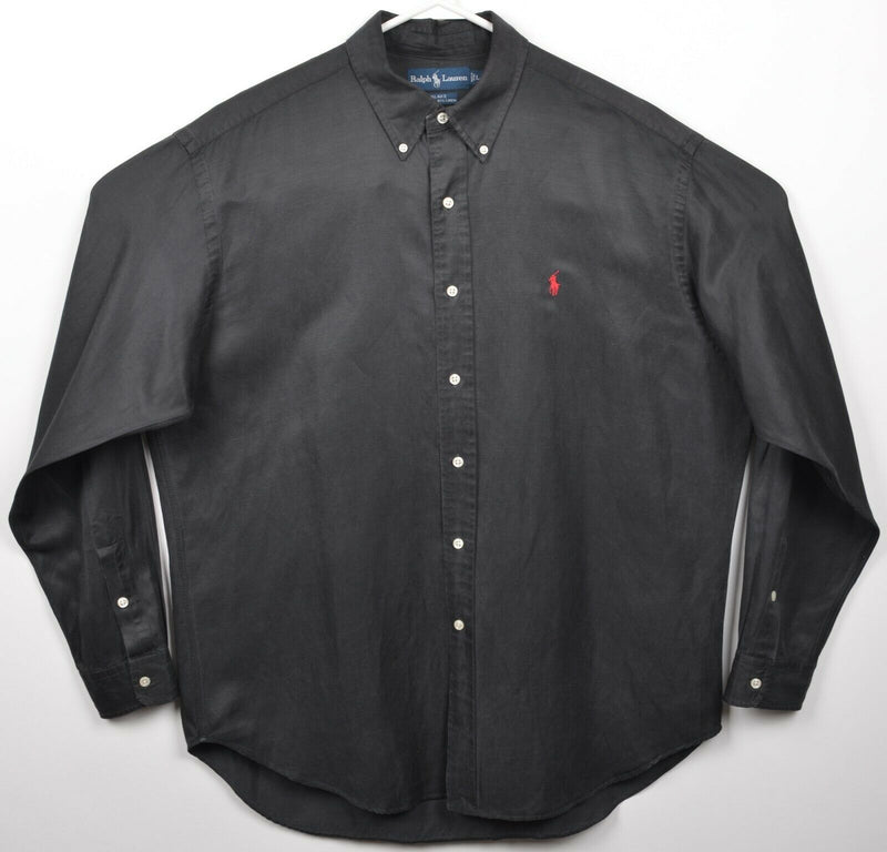 Polo Ralph Lauren Men Large Silk Linen Blend Solid Black Blake Button-Down Shirt