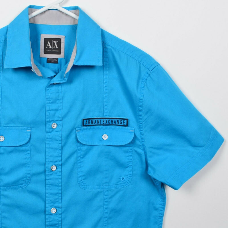 Armani Exchange A|X Men's Small Blue Pleated Military Button-Front Shirt