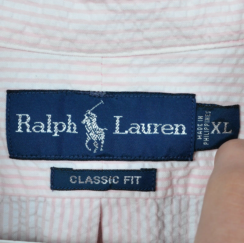 Polo Ralph Lauren Men's XL Classic Fit Seersucker Pink White Striped Pony Shirt