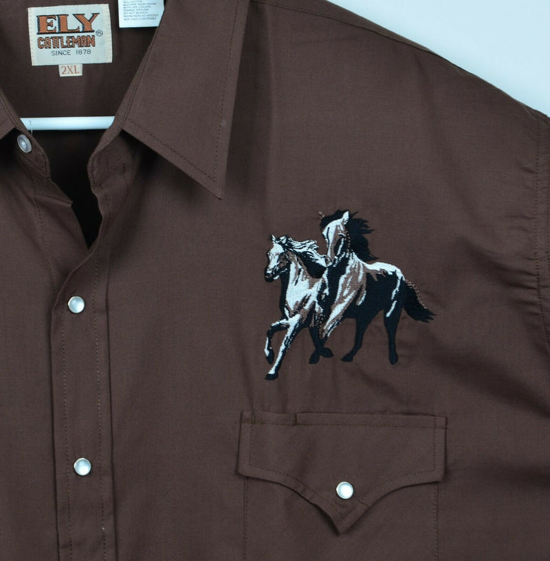 Ely Cattleman Men's Sz 2XL Embroidered Horse Pearl Snap Brown Western Shirt NWOT