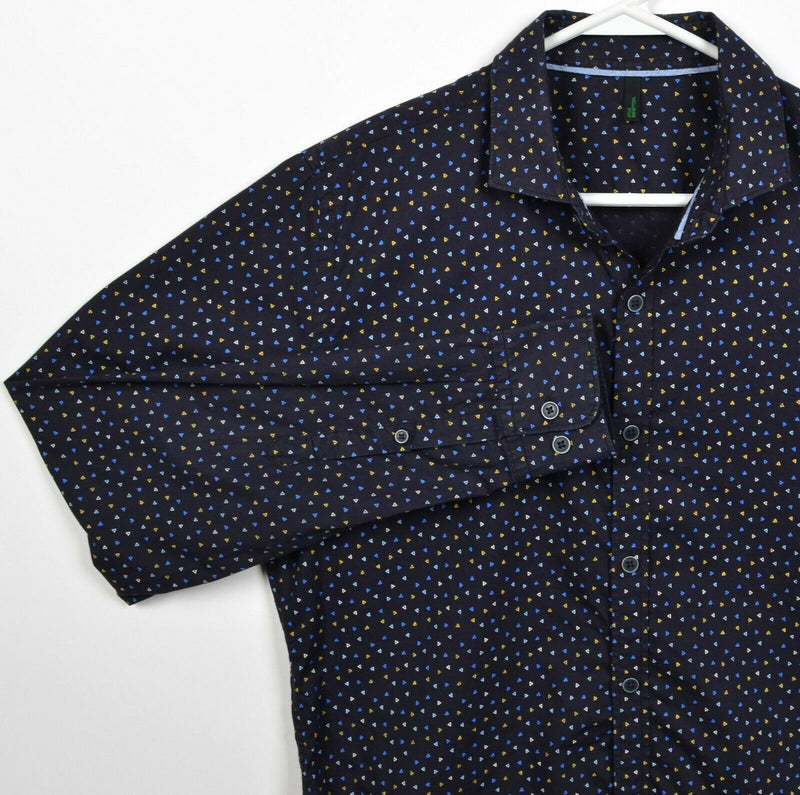 Benetton Men's Medium Triangle Pattern Geometric Navy Blue Button-Front Shirt