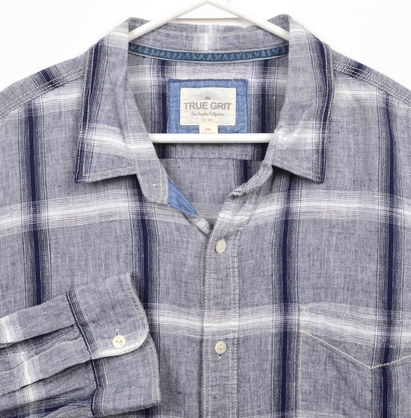 True Grit California Men's 2XL Linen Blue Gray Plaid Button-Front Shirt