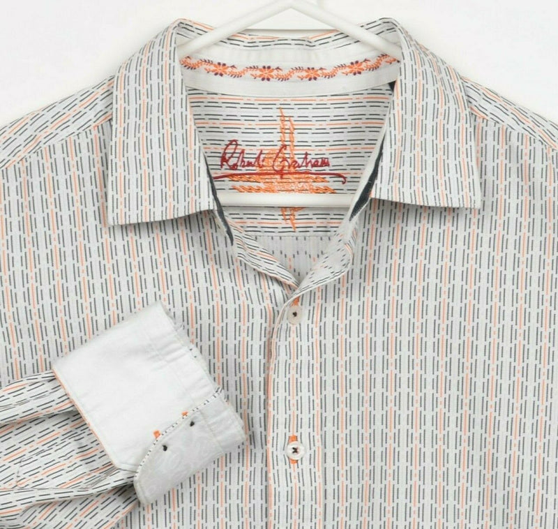 Robert Graham Men's XL Flip Cuff White Orange Geometric Striped Designer Shirt