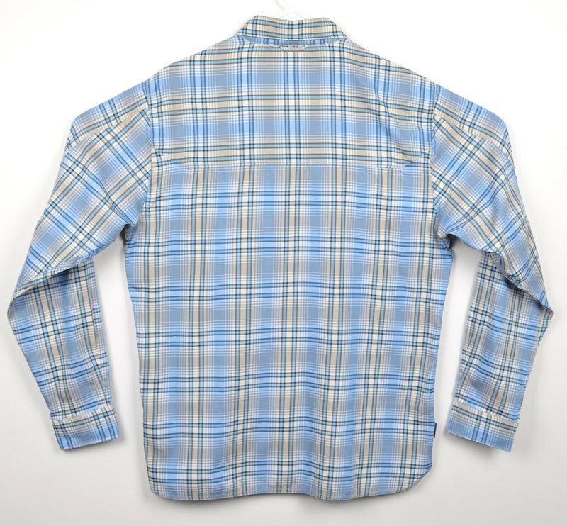 Simms Men's Sz Large Fishing Blue Plaid Polyester Nylon Button-Front Shirt
