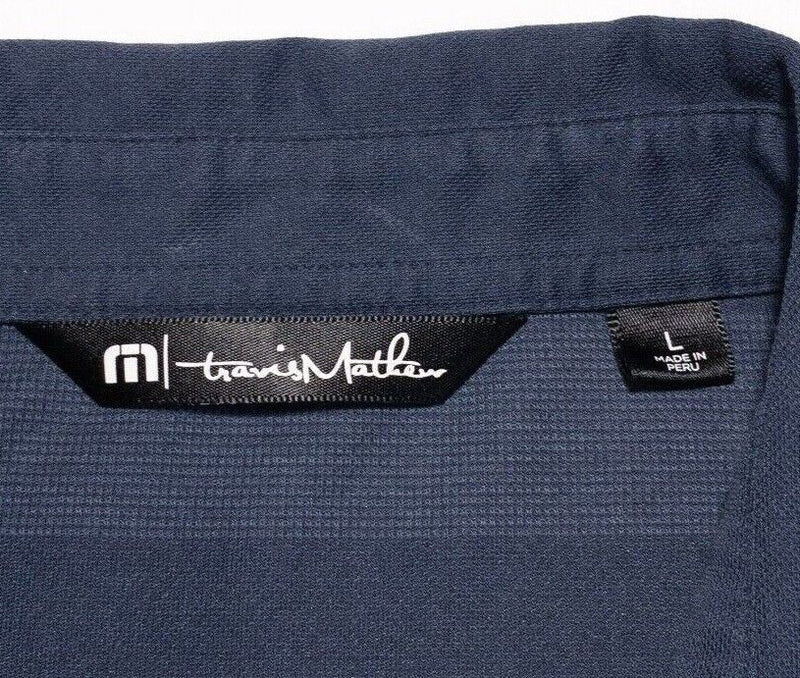 Travis Mathew Golf Polo Large Men's Chest Stripe Navy Blue Logo Wicking Stretch