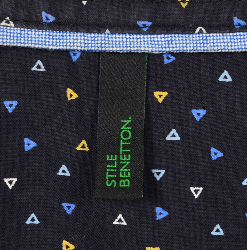 Benetton Men's Medium Triangle Pattern Geometric Navy Blue Button-Front Shirt