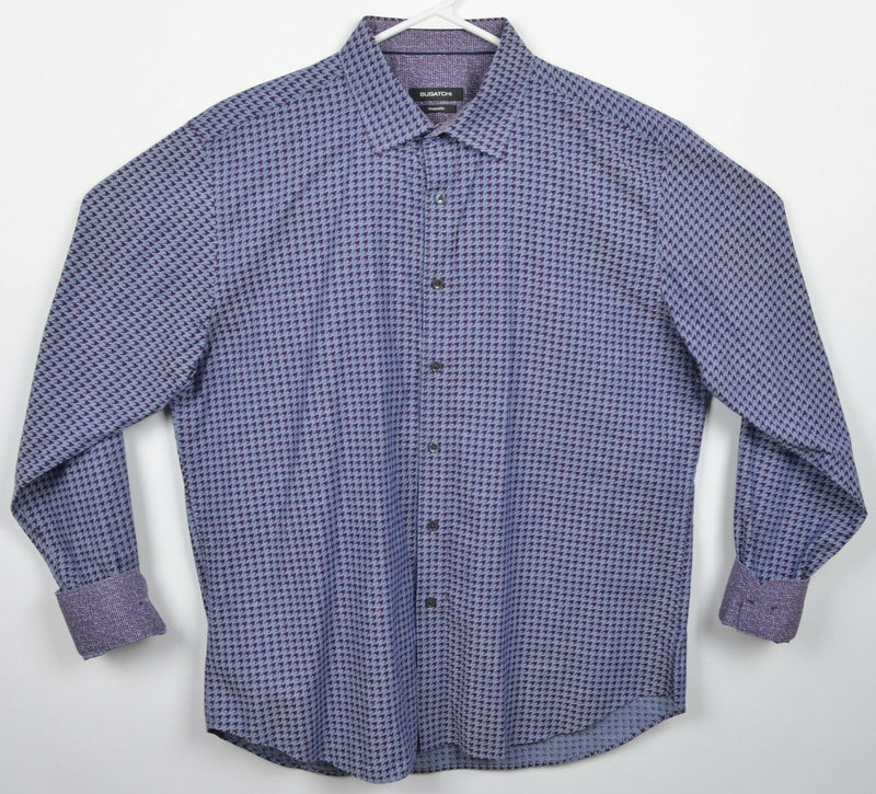 Bugatchi Men XL Shaped Fit Flip Cuff Purple Blue Houndstooth Button-Front Shirt
