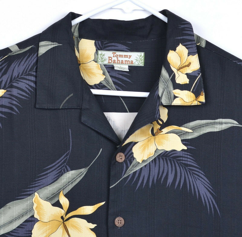 Tommy Bahama Men's Sz Large 100% Silk Floral Black Yellow Hawaiian Shirt