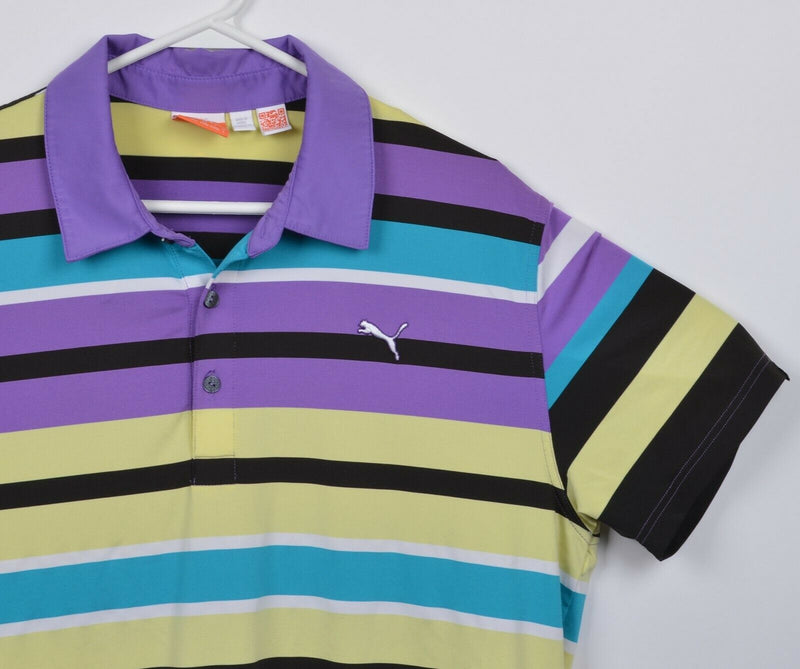 Puma Dry Cell Men Large Purple Yellow Striped Polyester Wicking Golf Polo Shirt