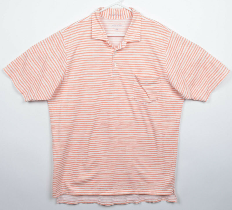 B. Draddy Men's Medium Orange Striped Golf Casual Pima Cotton Pocket Polo Shirt