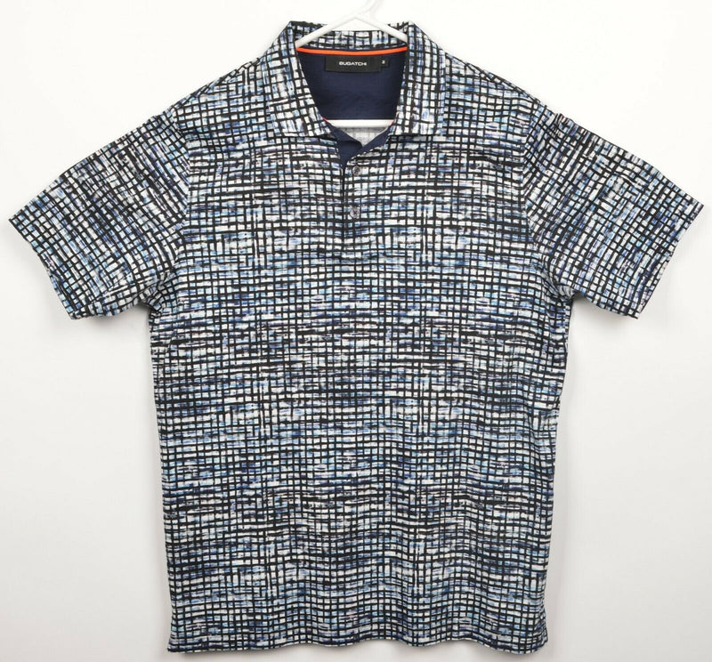 Bugatchi Men's Medium Black Blue Check Glitch Art Short Sleeve Polo Shirt