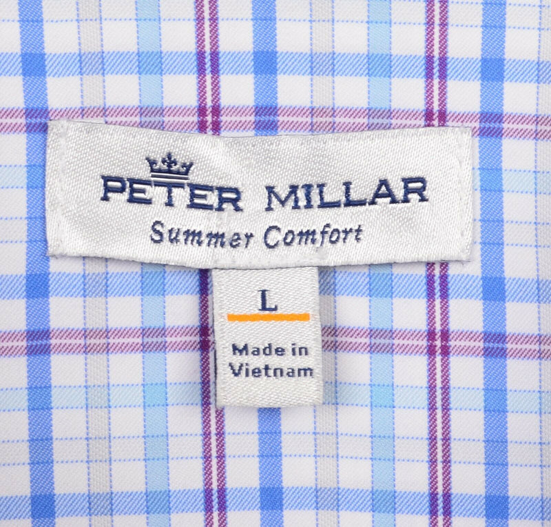 Peter Millar Summer Comfort Men's Large Blue Purple Plaid Wicking Button Shirt
