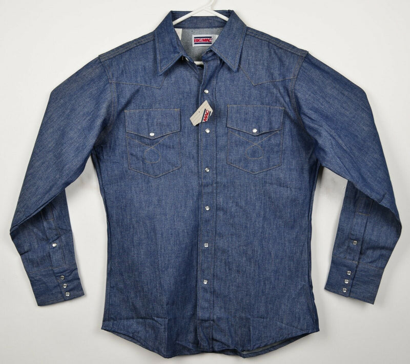 Vintage 70s Big Mac Men's Medium Pearl Snap Denim Blue USA Workwear Shirt