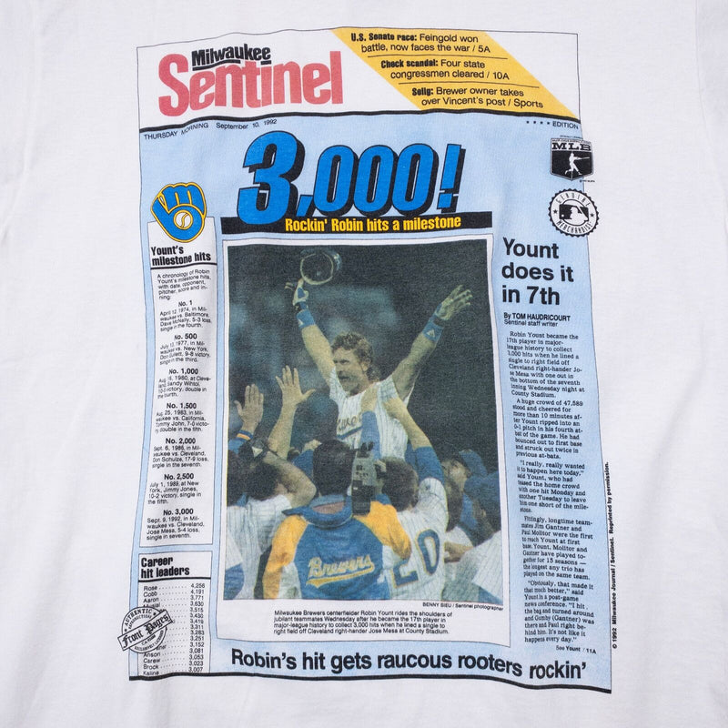 Vintage Milwaukee Brewers Robin Yount T-Shirt Mens Large 90s Newspaper 3,000 Hit