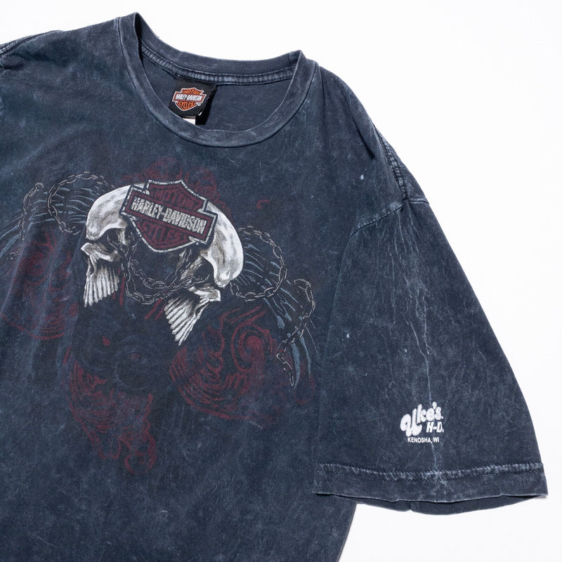 Harley-Davidson Skull T-Shirt Men's Medium Logo Y2K Acid Wash Blue Double-Sided