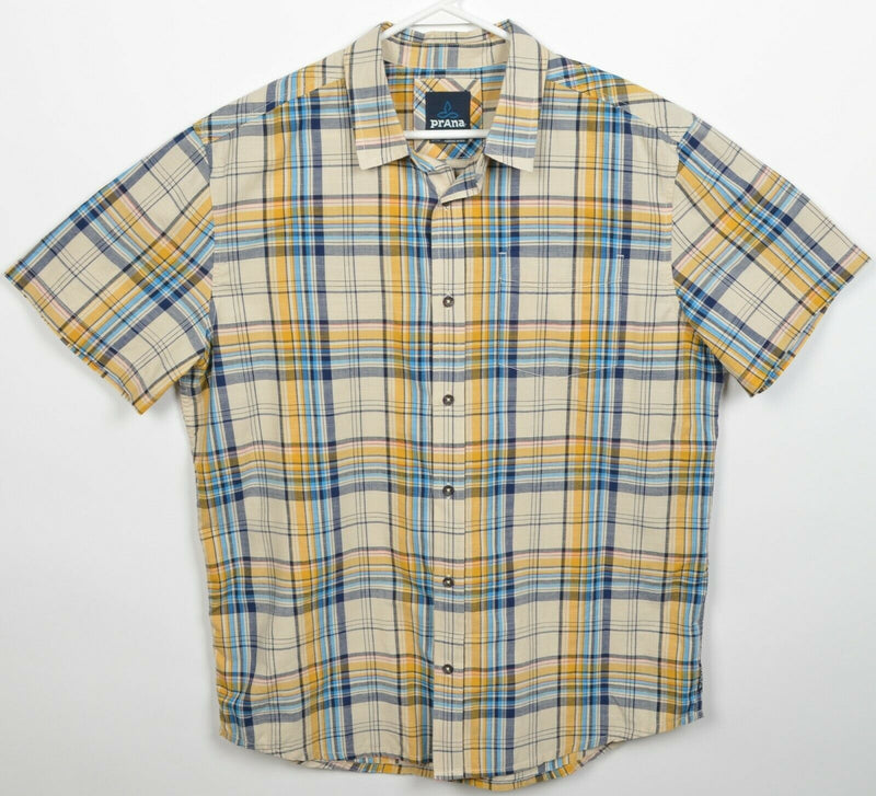 Prana Men's Large Yellow Blue Plaid Organic Cotton Poly Blend Button-Front Shirt