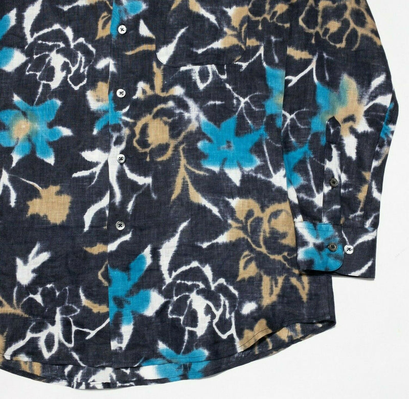 Zanella Linen Shirt Men's XL Floral Abstract Art Lightweight Long Sleeve Italy