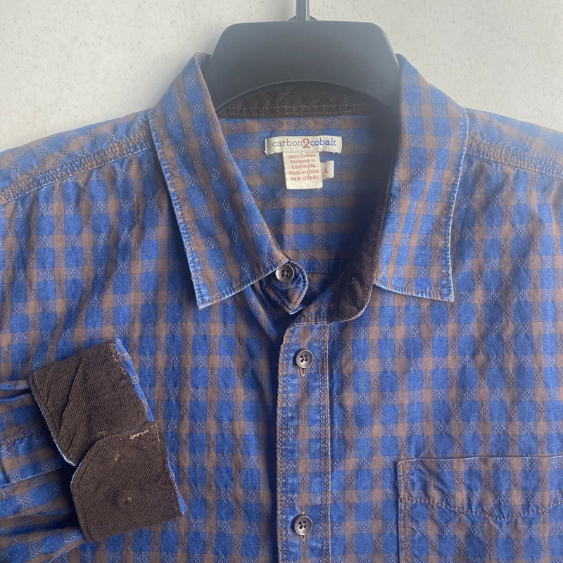Carbon 2 Cobalt Men's Large Blue Brown Check Corduroy Accent Button-Front Shirt