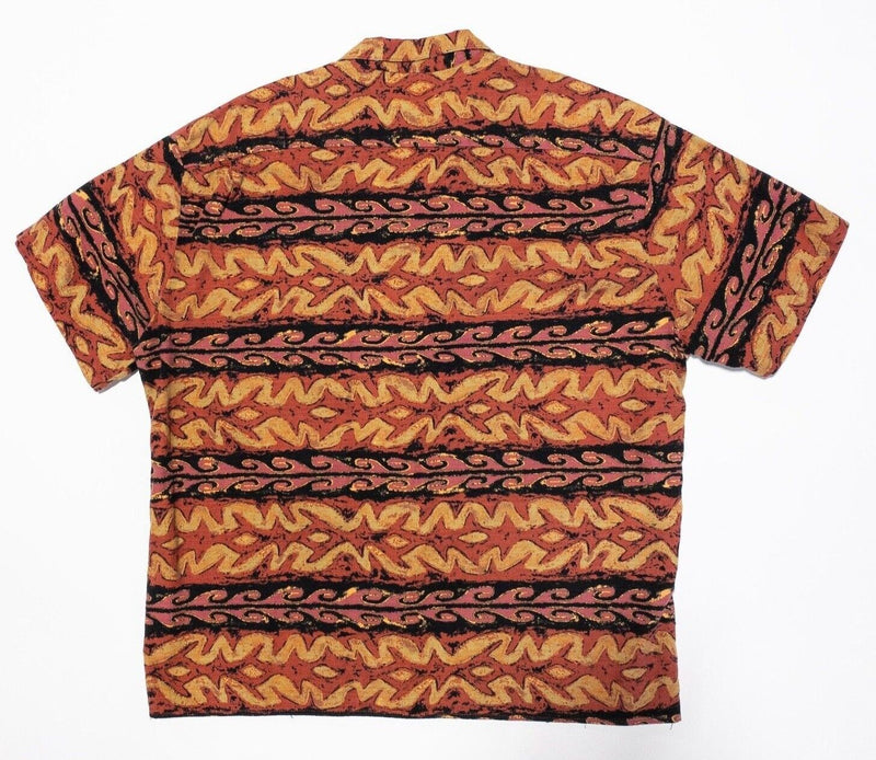Hilo Hattie Hawaiian Shirt XL Men's Orange Red Geometric Vintage 90s Aloha Camp