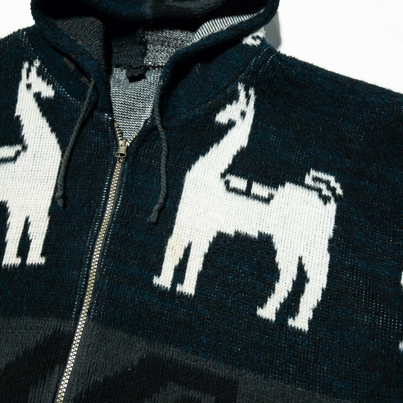 Llama Wool Sweater Jacket Souvenir Ecuador Teal Full Zip Hooded Knit Adult XL