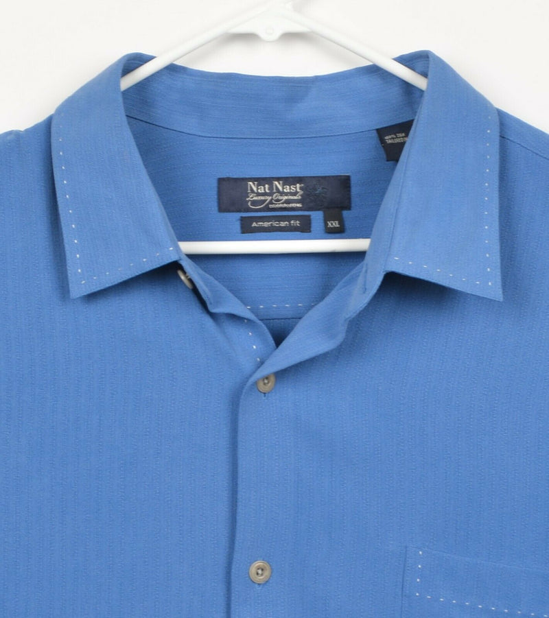 Nat Nast Men's Sz 2XL American Fit 100% Silk Blue Textured Storm Hawaiian Shirt
