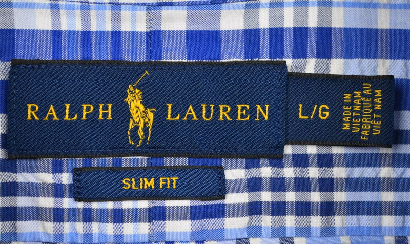 Polo Ralph Lauren Men's Sz Large Slim Fit Seersucker Blue White Plaid S/S Shirt