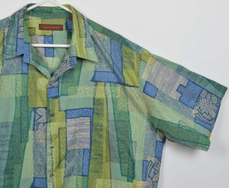 Tori Richard Men's XL Green Blue Geometric Cotton Lawn Vintage Hawaiian Shirt