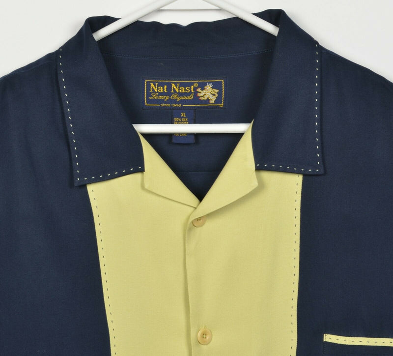 Nat Nast Men's XL 100% Silk Navy Blue Yellow Panel Hawaiian Bowling Retro Shirt