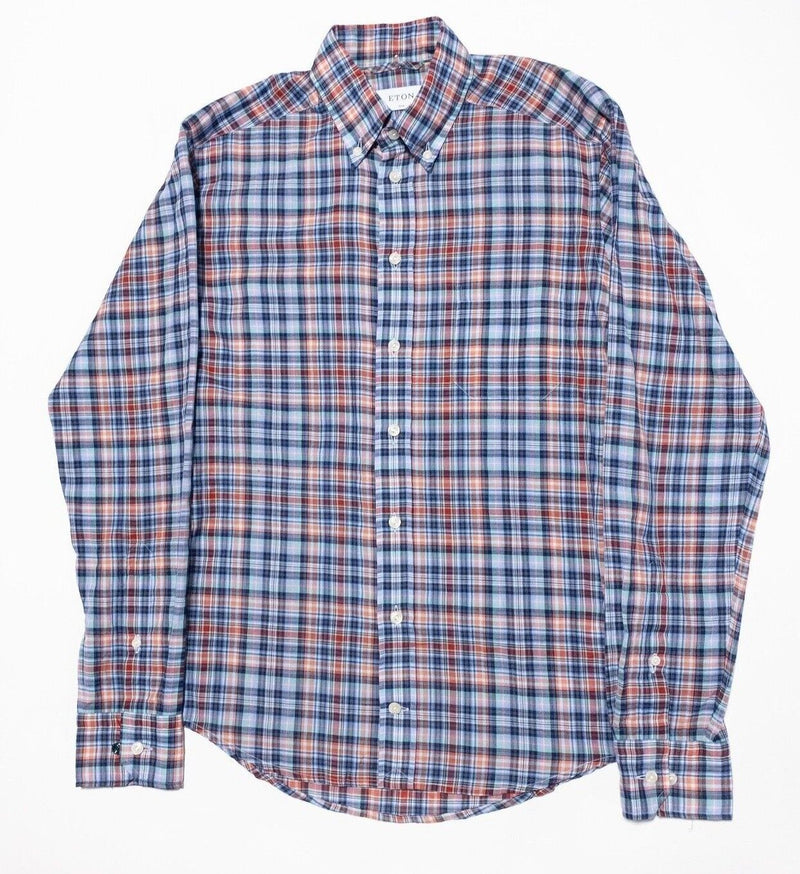 Eton Shirt 15/38 Small Slim Fit Men's Blue Orange Plaid Long Sleeve Button-Down