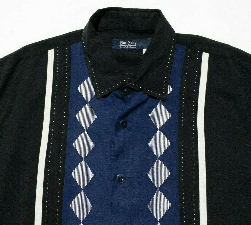 Nat Nast Silk Shirt XL Men's Hawaiian Bowling Panel Retro Diamond Blue Black