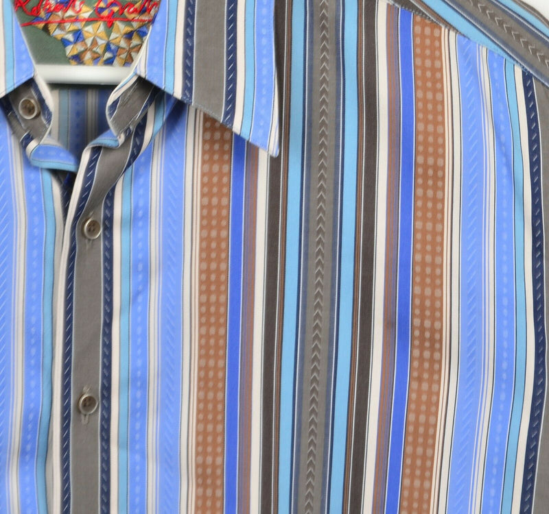 Robert Graham Men's Large Flip Cuff Blue Brown Striped Geometric Designer Shirt