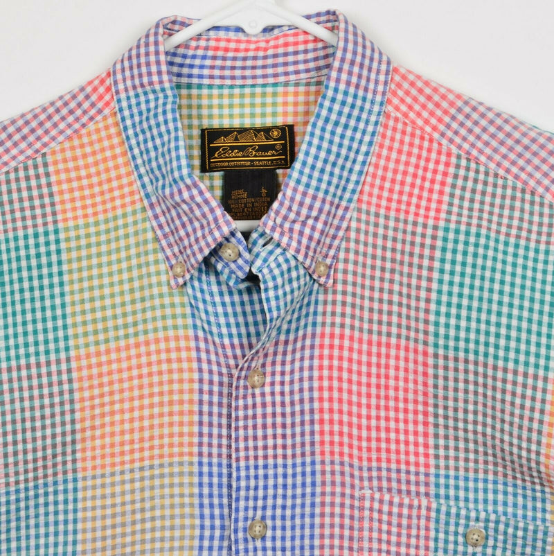 Eddie Bauer Men's Sz Large Seersucker Colorblock Multi-Color Plaid Check Shirt