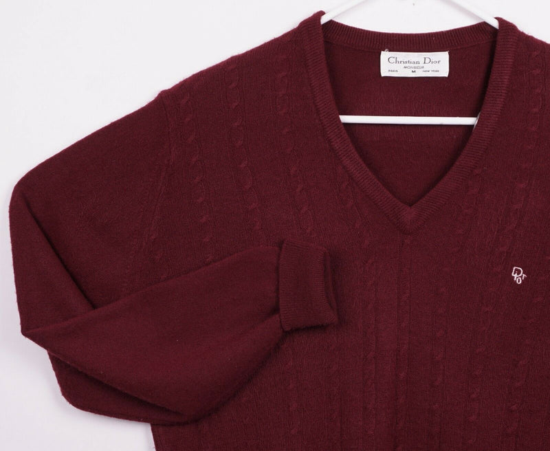 Vtg 80s Christian Dior Men's Medium Burgundy V-Neck Cable-Knit Acrylic Sweater