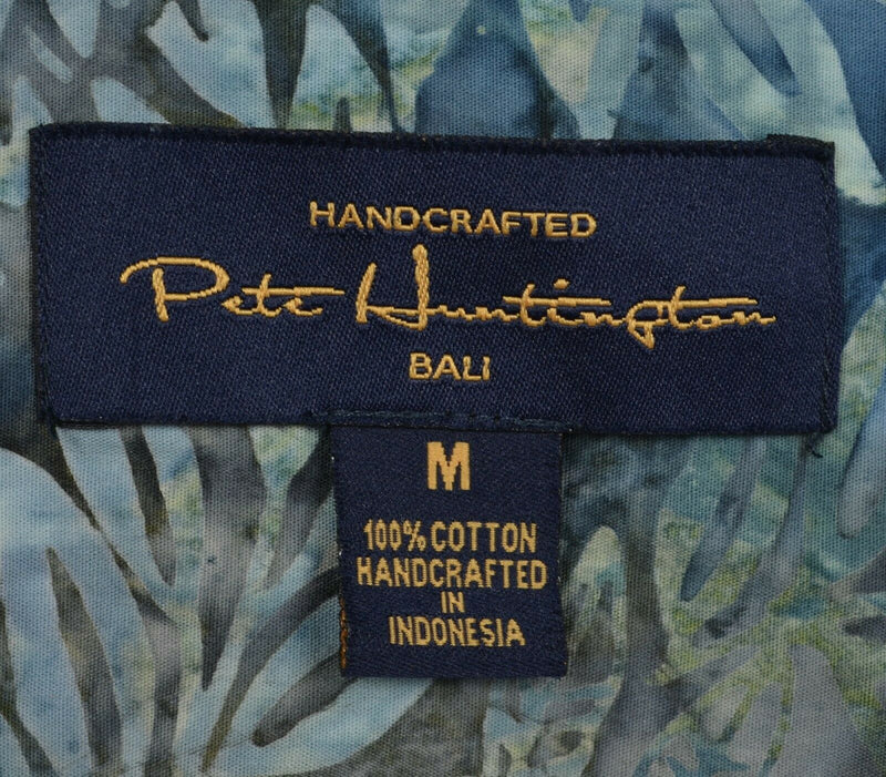 Pete Huntington Men's Medium Floral Leaf Blue Green Button-Front Hawaiian Shirt