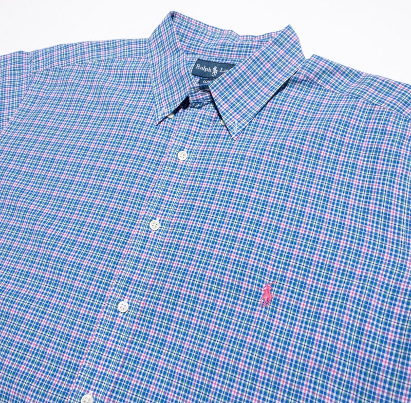 Polo Ralph Lauren Shirt Men 1XB Classic Fit (XL Big) Blue Pink Plaid Button-Down