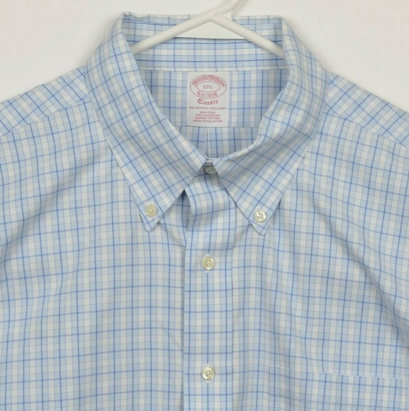 Brooks Brothers Men's 17.5 Blue White Plaid Non-Iron Short Sleeve Dress Shirt