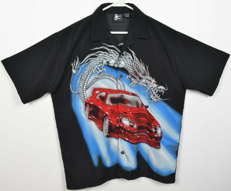 Street Culture Men's Medium Car Dragon Polyester 90s Y2K Hawaiian Camp Shirt