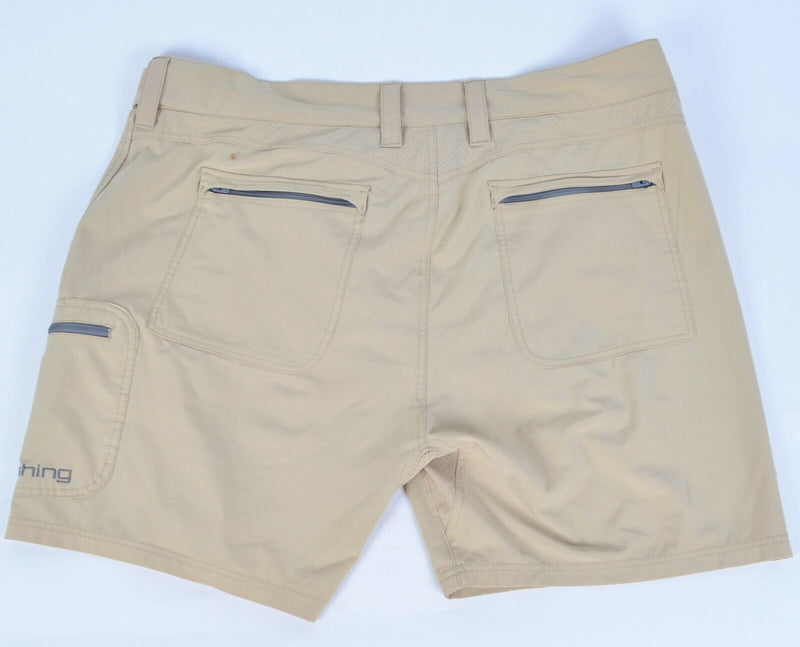 Huk Fishing Mens 2XL Performance Fabric 7" Khaki Tan Zip Pocket Stretch Shorts